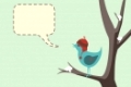 Winter style vector of a cute bird wearing a hat, sitting in tree with snow, complete with speech bubble